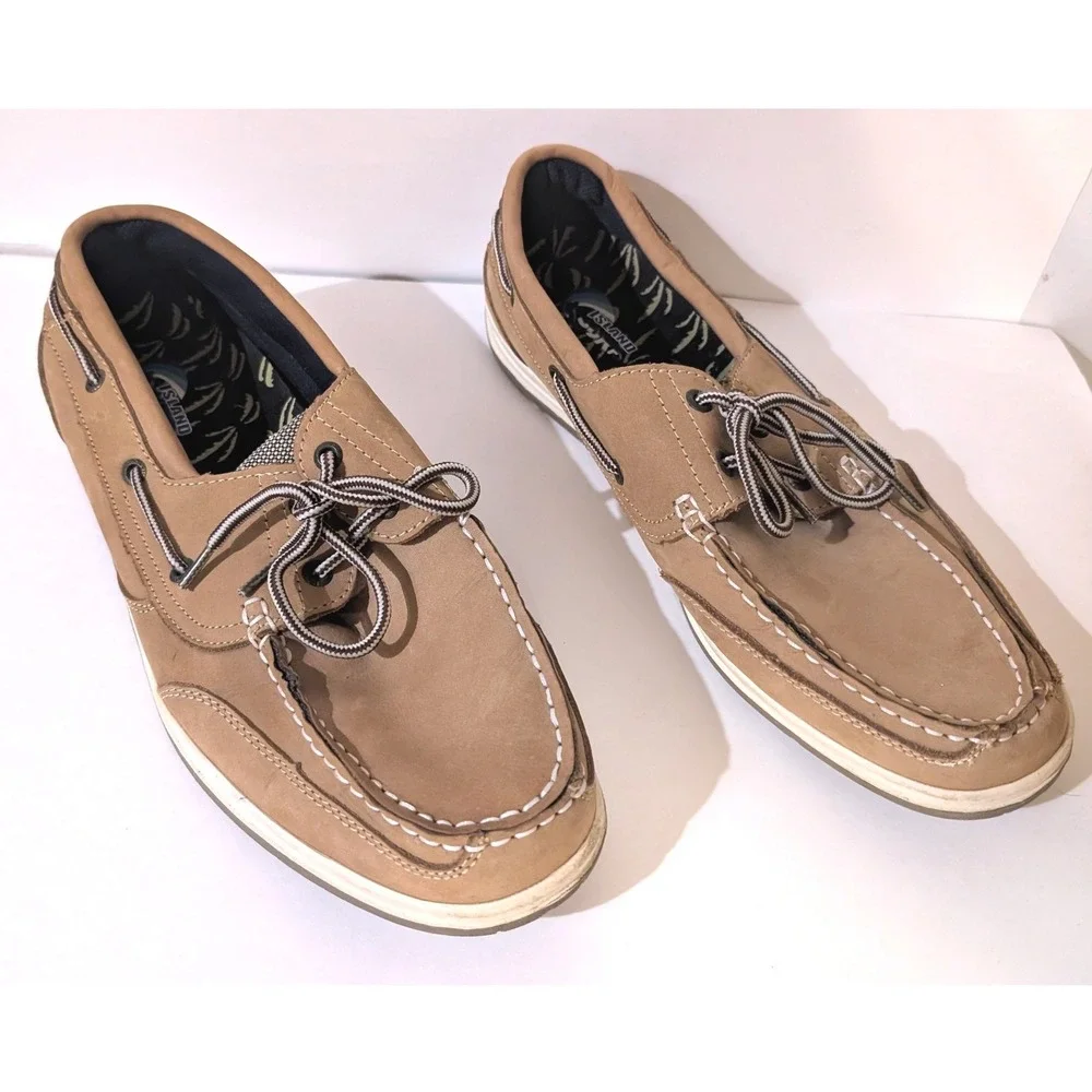 Island Surf Men's Size 11 Tan Brown Boat Shoes Lace Up Nautical Deck Loafers